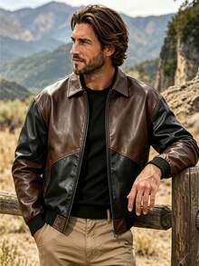 Men's Spring/Autumn Patchwork Motorcycle Leather Jacket, Vintage Lapel Outdoor Camping Cliffside Photo-Ready Versatile Jacket - Brown - View 2