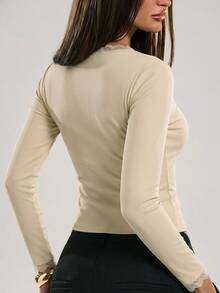 Women's Solid Color V-Neck Long Sleeve Slim Fit Cropped T-Shirt, Suitable For Spring, Autumn And Summer - Apricot - View 3