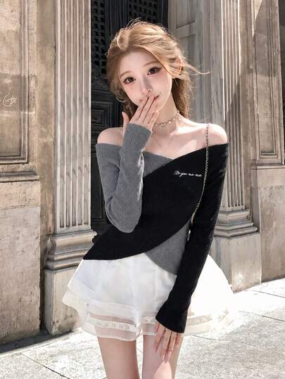 Women's Contrast Color Cross V-Neck Sweater, Off-Shoulder Letter Embroidery Top, Asymmetrical Knit Base Layer, Suitable For Innerwear Or Outerwear, Autumn/Winter