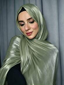 1pc Basic Solid Color Island Silk Elegant Shiny Soft Headscarf Arabic Casual Long Scarf Conservative Solid Color Headwrap Suitable For Daily Use - Green - View 4