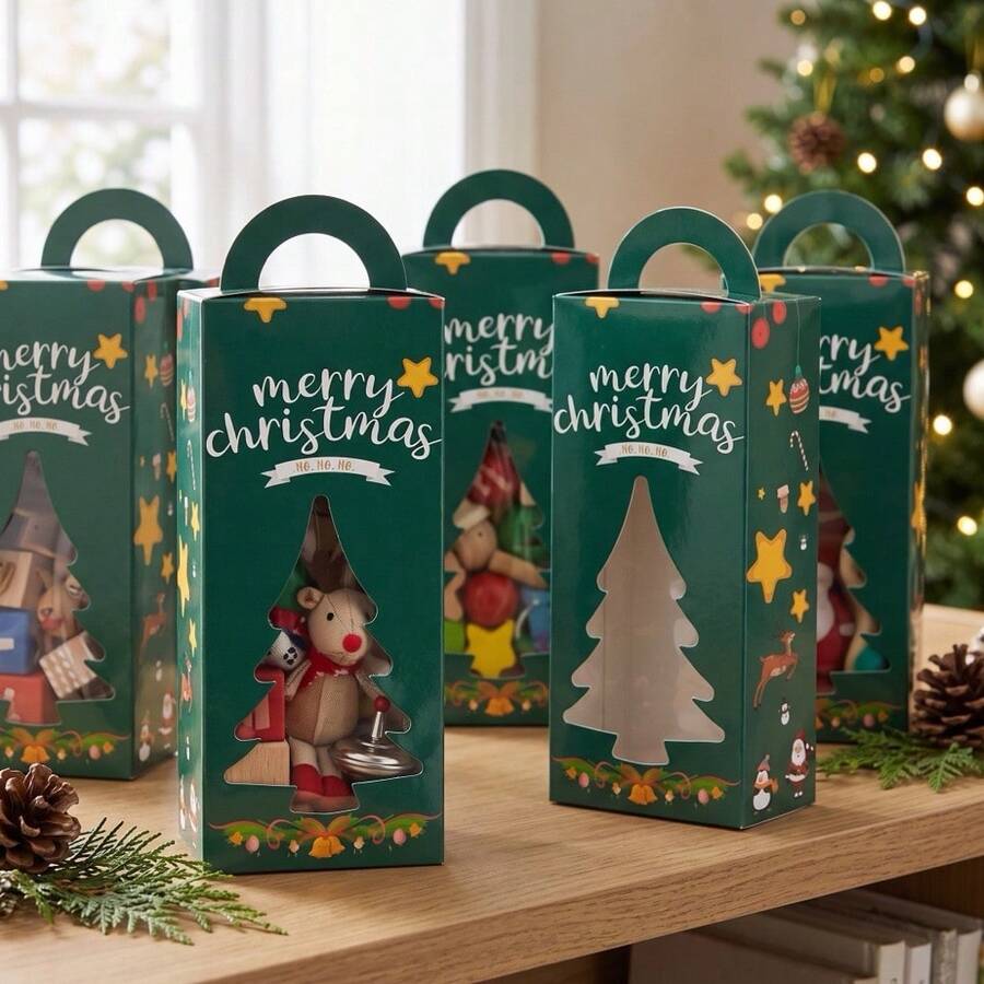 Christmas Gift Box Set (Empty) Festive Green Tree Cutout Boxes With Clear Window & Carry Handle, Perfect For Filling With Treats, Jewelry Or Mini Gifts, Holiday Decoration - Style 1 - View 1