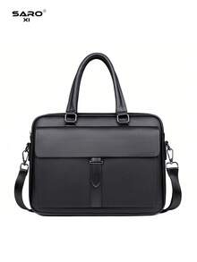 saroxi Men's Briefcase, Classic Laptop Bag, Large Capacity For Documents And Office Supplies, Business Commute, Suitable For Work, PU Leather, Minimalist Style, Litchi Texture, Solid Color, Gift For Husband, Autumn Essential - Black - View 5