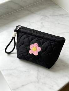 Quilted Heart-Shaped Makeup Bag With Knitted Flower, Lipstick Storage Pouch, Soft Candy Color Toiletry Bag, Multiple Colors Available, Perfect Gift For Middle East National Day, Halloween, Christmas - Multicolor - View 7