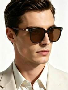 AOOBCC 1pc New Personalized Men's Celebrity Style Glasses, Fashionable Tea Color Retro Eyewear, Small Frame Round Glasses With Rivets, Suitable For Men And Women - Mocha Brown - View 2