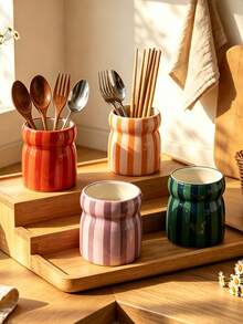 1pc Hand-Painted Dual-Color Striped Ceramic Storage Jar, Kitchen Utensil Organizer, Home Living Room Dining Table Tableware Storage Bucket, Chopsticks Spoon Fork Holder, Home Decor Ornament, Holiday Gift For Family And Friends - Multicolor - View 8