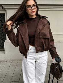 Autumn/Winter Fashion Zipper Long Sleeve Jacket, Urban Streetwear, Date Night, Brown, Fall Fashion, Office Wear - Coffee Brown - View 1