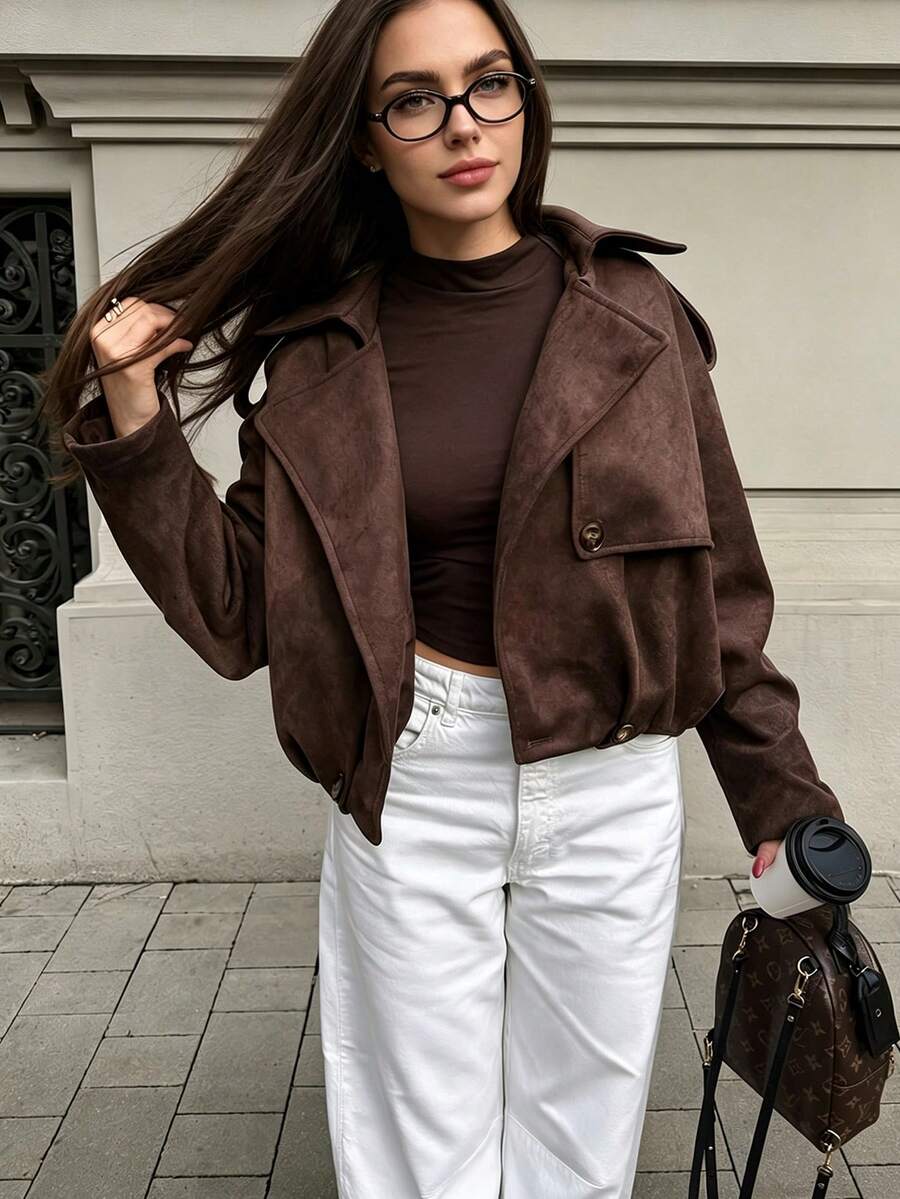 Autumn/Winter Fashion Zipper Long Sleeve Jacket, Urban Streetwear, Date Night, Brown, Fall Fashion, Office Wear - Coffee Brown - View 1