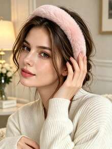 White Faux Rabbit Fur Headband For Women,Thick Plush Fluffy Hair Hoop, Winter Warm Non-Slip Hairband, Cute Solid Color Hair Accessory For Daily Makeup - Multicolor - View 12