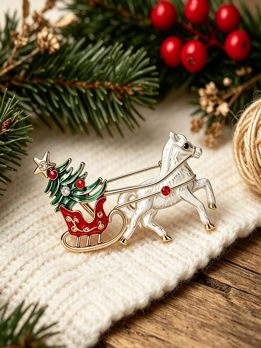 Vintage Christmas Carriage Christmas Tree Enamel Brooch - Dynamic White Horse Pulling Sleigh Design, Painted Enamel With Exquisite Rhinestones, Unisex, Winter Fairy Tale Holiday Accessory - Multicolor - View 1