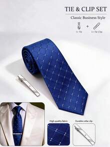 1 Set Men's Business Tie And Tie Clip Set, Fashionable, Steady, High-End, Versatile Daily Work Interview Accessory Set, Suitable For Gatherings, Parties, Dinners - Navy Blue and White Gingham Dotted - View 1