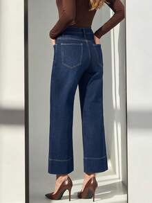 Women's Casual Dark Wash Cropped Flare Jeans With Button And Zipper Details - Tannin Original Color - View 5