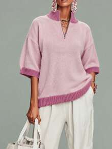 Women's Plus Size Pink Fuzzy Knit Pullover Sweater Drop Shoulder Long Sleeve Stand Collar Regular Length With Zipper Details For Fashion - Pink - View 2