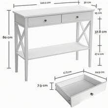 Mesa de Consola Blanca 30x100.1x80 cm |   Mesa de Sofá Estrecha de Madera con 2 Cajones y Estante de Almacenamiento |   Diseño con Paneles en X para Entrada Pasillo y Salón |   Estilo Rústico Moderno para Espacios Pequeños |   Fácil de Armar - Blanco - Ver 4