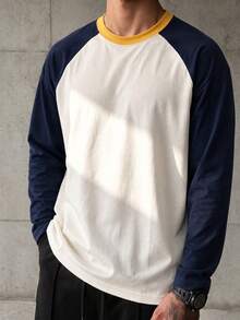 Men's Patchwork Slim Fit Raglan Sleeve Crew Neck Long Sleeve T-Shirt - Apricot - View 5