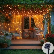 Solar Waterfall Curtain Fairy Lights, Gentle Twinkling LED Hanging Ropes, Auto Night On, Waterproof Solar Lights, Perfect For Window Display, Home Aesthetic, Party & Xmas Decor - Curtain Lights - View 8