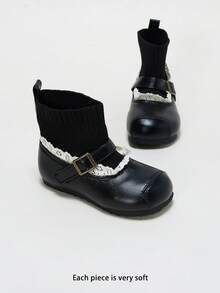 Baby Girl Vintage Mary Jane Shoes, PU Leather Lace-Up Knitted Socks Soft Sole, Autumn/Winter - Black - View 3
