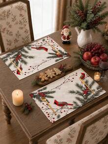 4pcs,6pcs,Christmas,Christmas Red Flower,Christmas Tree,Cardinal Bird Table Placemats,Rectangular Tablecloth,Washable,Suitable For Family Dinner,Coffee Table,Durable Kitchen And Dining Room Decor - Multicolor - View 2