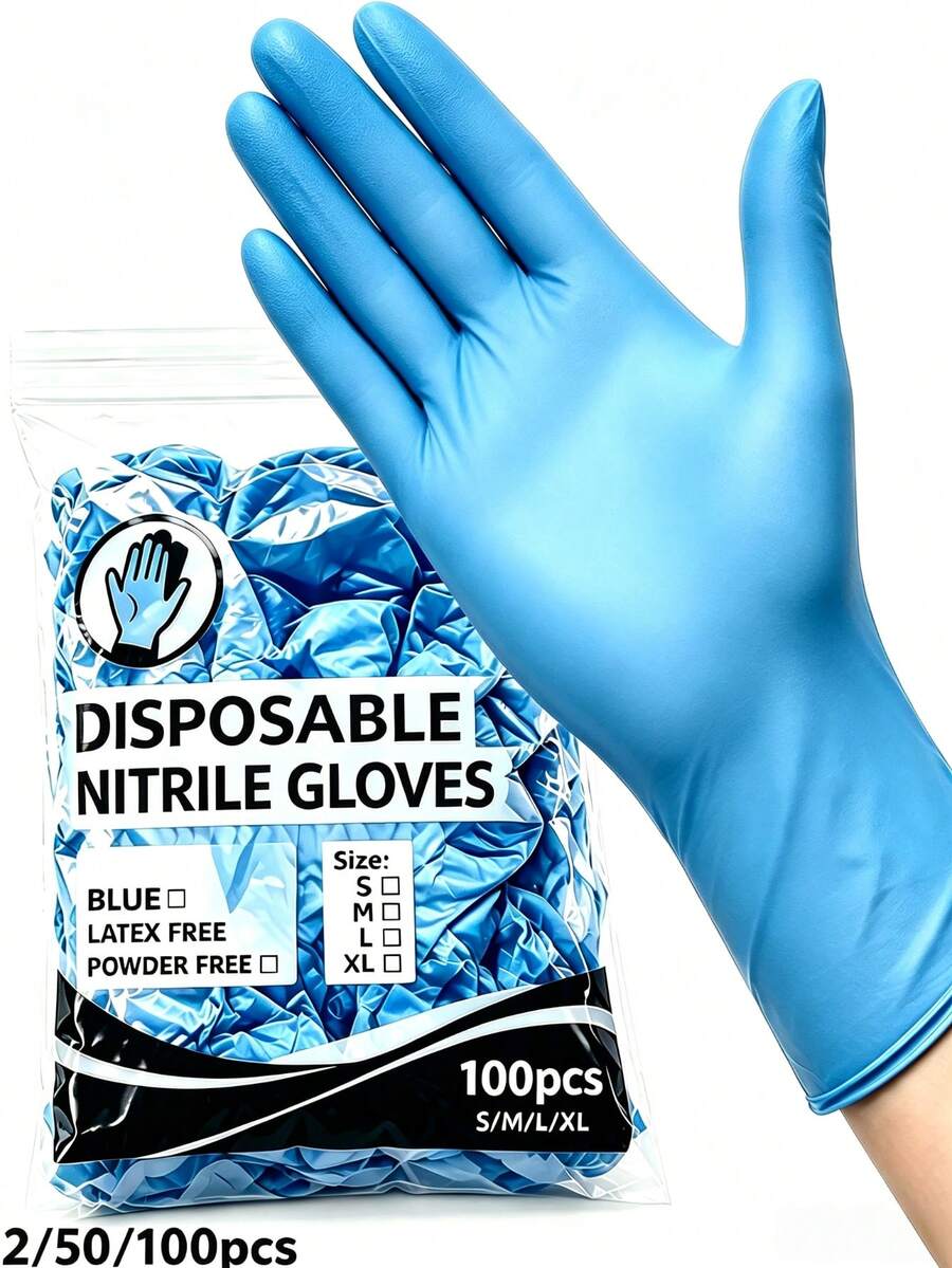 Blue Nitrile Disposable Protective Gloves, High Elasticity, Snug Fit, Powder-Free Design, Lightweight, Soft And Comfortable, Hand Isolation Gloves For Nail Salon And Beauty Operations, Multiple Sizes Available, Makeup Accessories, 100/50/2pcs - Blue - View 1