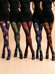 1 Pair Vintage Diamond Checkered Women's 80D Medium Thickness Tights, Shaping, Slimming, Warm, Vintage Colorful Diamond Checkered Pattern Slimming Striped Colorblock Opaque Tights, Suitable For Spring And Autumn - Multicolor - View 1