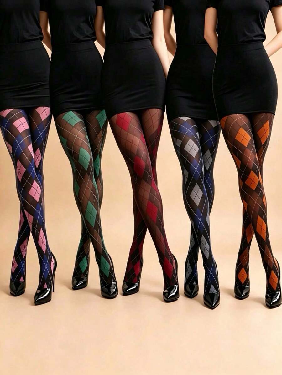 1 Pair Vintage Diamond Checkered Women's 80D Medium Thickness Tights, Shaping, Slimming, Warm, Vintage Colorful Diamond Checkered Pattern Slimming Striped Colorblock Opaque Tights, Suitable For Spring And Autumn - Multicolor - View 1