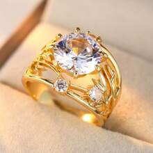 Vintage Hollow Out Ring For Women, Round Synthetic Zirconia Vine Leaf Design, Versatile Jewelry For Daily Commute & Wedding Banquet - Gold - View 6