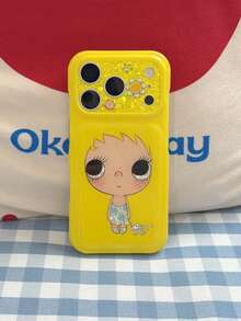 1PC Glossy Yellow Cartoon Big Eye Girl Phone Case, Glitter Floral Camera Frame, 3D Puffy Soft Full Coverage Protective Cover, Cute Girly Creative Niche Anti-Drop Case Compatible With Apple 17/16/15 Pro Max/15 Pro/15/15Plus/14 Pro Max/14 Pro/14Plus/14/13 Pro Max/13 Pro/13 Multiple Models - Yellow - View 4
