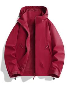 NBCT Women's Urban Functional Adjustable Hood Drawstring Outdoor Softshell Jacket, Dual Side Secure Zipper Pockets, Minimalist Solid Color Light Outdoor Sports Commuting Camping Casual Jacket - Burgundy - View 2