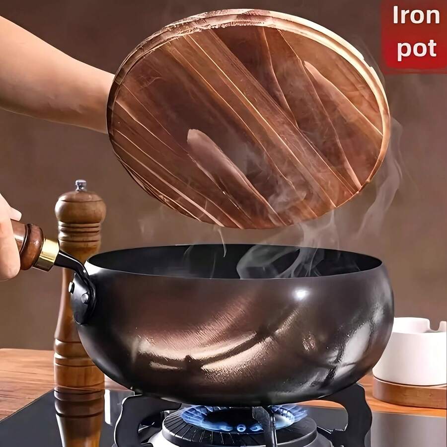 EZIFY Mirror Non-Stick Handcrafted Cast Iron Wok, Splash-Guard With Wooden Knob Lid, Rust-Resistant Heavy-Duty Even Heat Structure, Healthy Kitchen Essential.