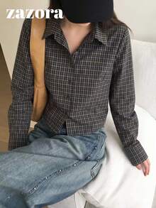 Korean Style Vintage Plaid Slimming Versatile Collared Button-Up Shirt Blouse - Black - View 11