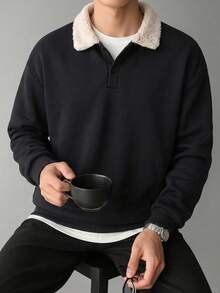 Men's Spring/Autumn/Winter Fashion Casual Versatile Patchwork Minimalist Lamb Fleece Collar Sweatshirt - Black - View 2