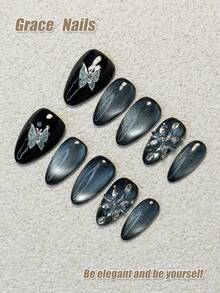 10片手工美甲贴纸，纯黑色底色+黑银色宽猫眼（月光猫眼），冷色调高端质感，流畅线条和锥形尖端视觉上修饰手型，适合多种服饰搭配，不会勾住头发或影响打字。 - 黑色 - 查看 1