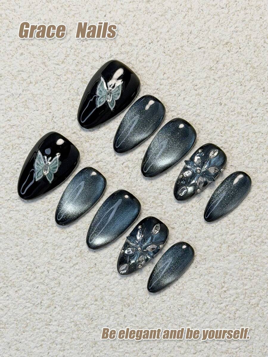 10片手工美甲贴纸,纯黑色底色+黑银色宽猫眼(月光猫眼),冷色调高端质感,流畅线条和锥形尖端视觉上修饰手型,适合多种服饰搭配,不会勾住头发或影响打字。 - 黑色 - 查看 1