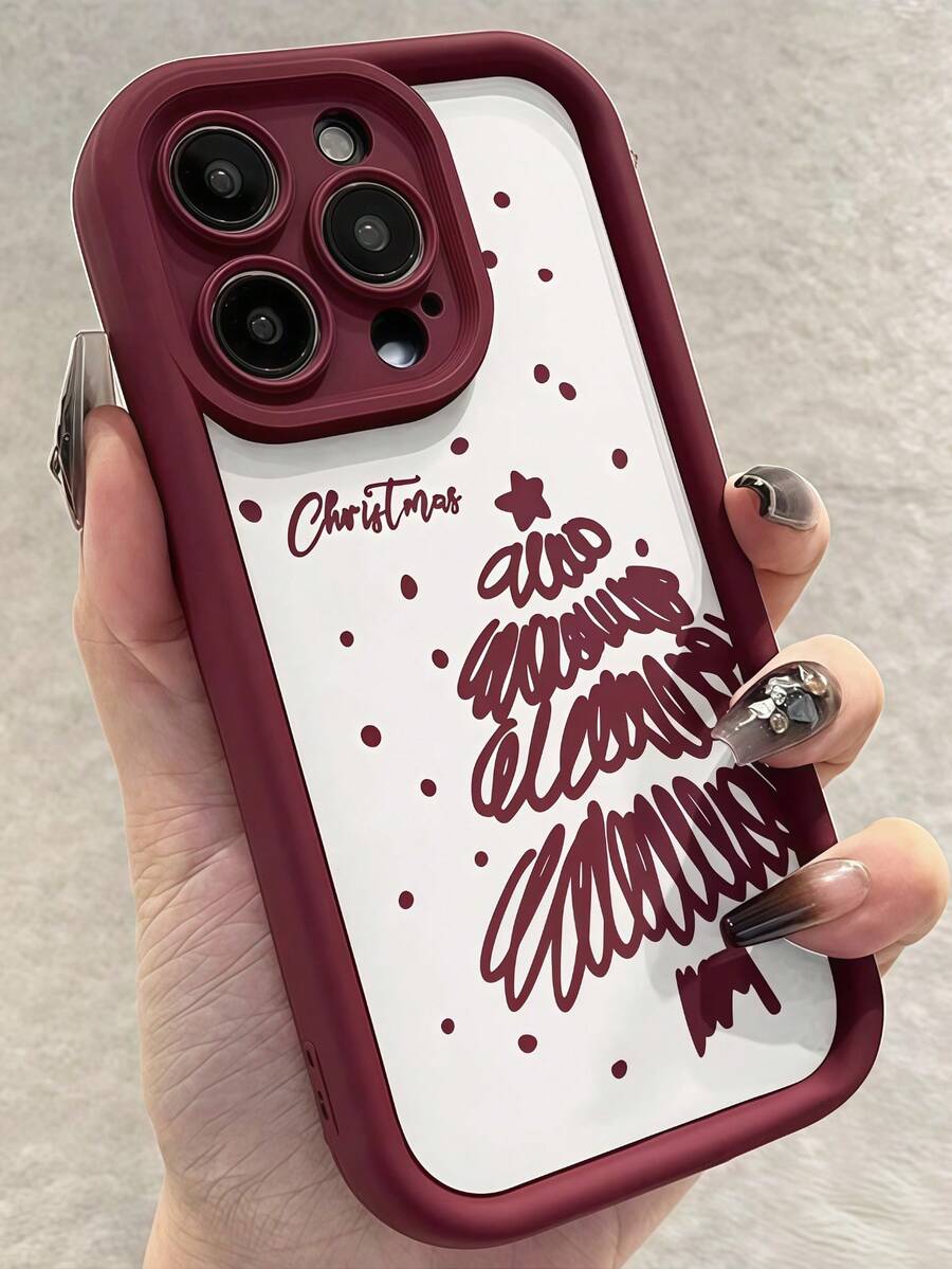 Matte Stepped Eye Frame Phone Case, Burgundy Frame Phone Case, Minimalist White Background Hand-Drawn Graffiti Christmas Tree Letter Print Raised Camera Protection Anti-Drop Soft TPU Protective Shell, Compatible With Apple 11, 12, 13, 14, 15, 16, 17, 18 Pro Max. Minimalist Neutral Style Phone Case, Designed For Women - Burgundy - View 1