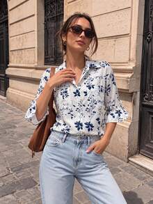 Women's New Floral Print Vacation Shirt,Comfortable Casual Top Suitable For Daily, HomeAnd Beach Wear - Black and White - View 2