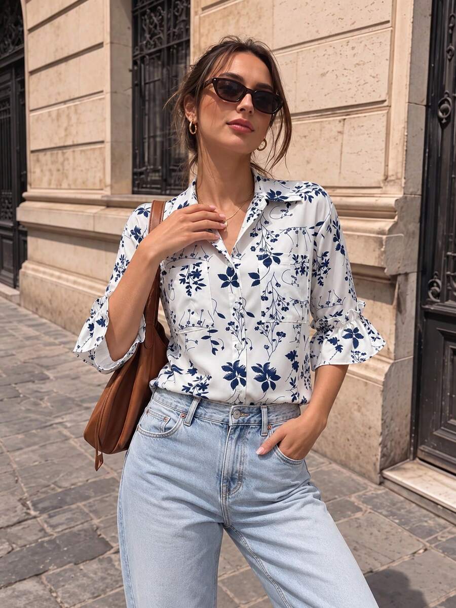 Women's New Floral Print Vacation Shirt,Comfortable Casual Top Suitable For Daily, HomeAnd Beach Wear