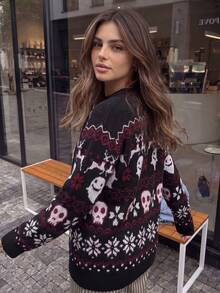 Women's Autumn/Winter Christmas Sweater Long Sleeve Pullover, Ghost & Skeleton Pattern, Perfect For Winter Holiday Party - Black - View 5