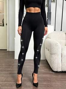 1pc Women's Black Striped Hollow Out Rhinestone Embellished Elastic Slim Fit Leggings, 9/10 Length, For Gym, Sports, Workout, Outdoor, Vacation, Walking, Shopping, Home, Butt Lifting, Body Shaping, Waist Cinching, Stretching - Multicolor - View 16