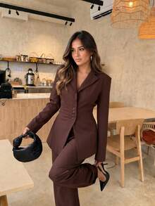 Premium Coffee Brown Ruched Cinched Waist Padded Shoulder Lapel Blazer For Women, Solid Color Front Button Ruched Tie Waist Office Commute Party Elegant Suit Jacket - Coffee Brown - View 5