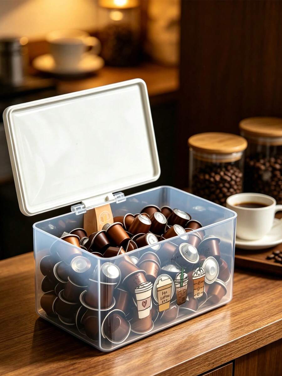 Clear Storage Box With Lid, Dust-Proof Plastic Bin With Handle, Coffee Pattern Printed Storage Container, Home Kitchen Countertop Coffee Corner Tea Bag Storage Box, Desktop Snack And Small Item Organizer, Coffee Capsule Organizer, Large Capacity Visible Storage Container, Home Storage Essential, Suitable For Storing Tea Bags, Coffee, Snacks, Miscellaneous Items, Etc., Office, Dorm, Kitchen, Car Multi-Scenario Use, Practical Gift Choice For Friends, Family, Loved Ones, Christmas Gift, Teacher's Day, Back To School Gift, Birthday Gift - Multicolor - View 1