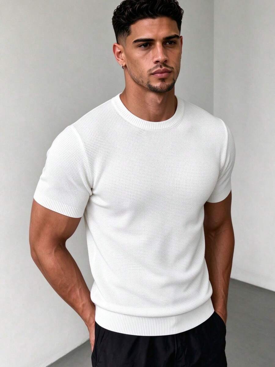 ZYNTH BALENO Men's Summer Fashion Small Pineapple Pattern Short Sleeve Knit Shirt, Suitable For Fitness, Cycling, Running Sports, White - White - View 1
