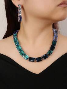 1Set/3Pcs Geometric Multi‑Color Cubic Zirconia Jewelry Set Brass Inlaid Necklace Earrings Bridal Wedding Evening Party Costume Jewelry Gift For Women - Jewelry Sets - View 2