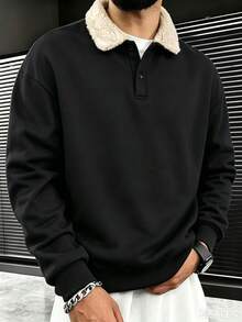 Men's Spring/Autumn/Winter Fashion Casual Versatile Patchwork Minimalist Lamb Fleece Collar Sweatshirt - Black - View 1