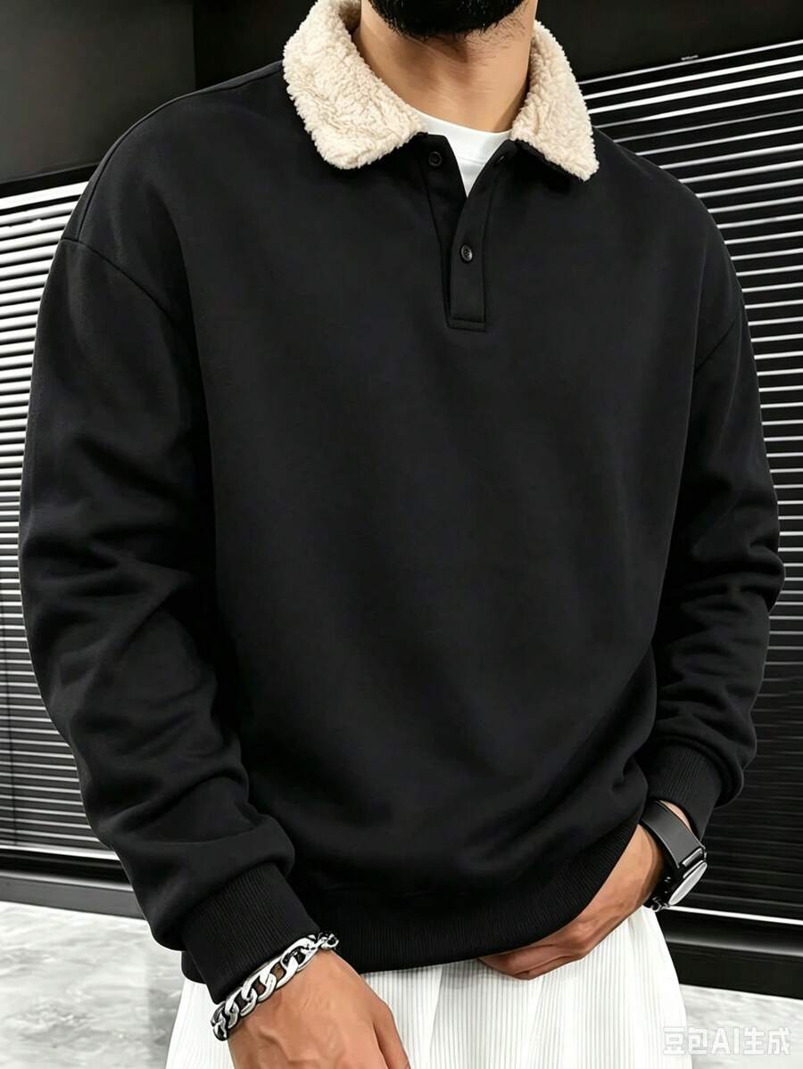 Men's Spring/Autumn/Winter Fashion Casual Versatile Patchwork Minimalist Lamb Fleece Collar Sweatshirt - Black - View 1