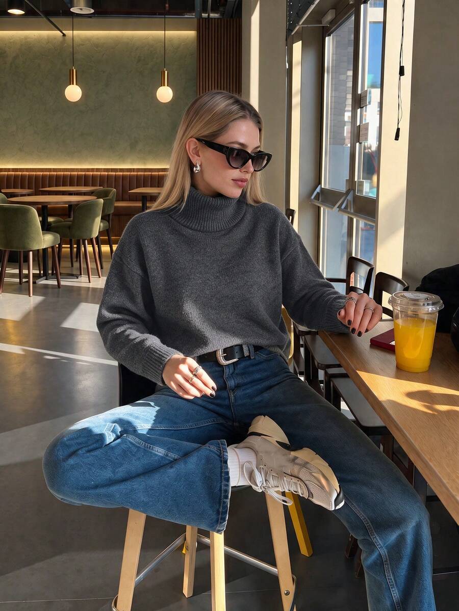 NOVELLE Women's Gray High Neck Knit Sweater, Autumn Winter Lazy Style Casual Minimalist Versatile Pullover, For Daily Going Out, Commute And School - Grey - View 1