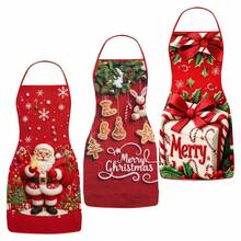 3Pcs Christmas Santa Gingerbread Gift Printed Kitchen Apron, Cooking Apron For Holiday Home Themed Party - Multicolor - View 1