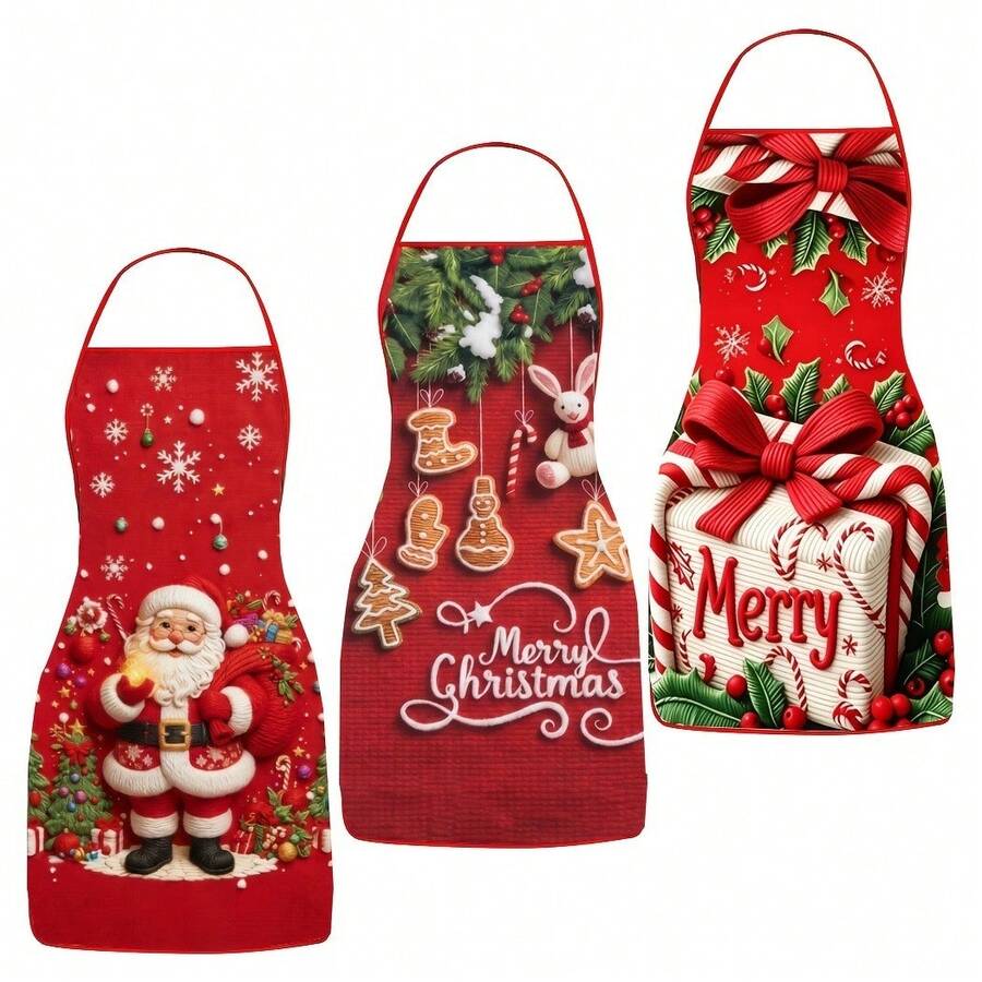 3Pcs Christmas Santa Gingerbread Gift Printed Kitchen Apron, Cooking Apron For Holiday Home Themed Party - Multicolor - View 1