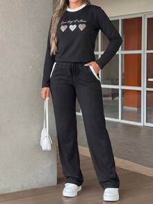 LUNNELUX Ensemble deux pièces pour femmes automne, top à manches longues imprimé cœur noir & pantalon à jambes larges rayé, tenue de sport décontractée pour Halloween et retour à la maison - Noir - Voir 7