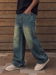 HEHCN Men's Distressed Vintage Blue Loose Straight Leg Casual Jeans, Wide-Leg Pants, Suitable Gift For Husband Or Boyfriend - Blue - View 3