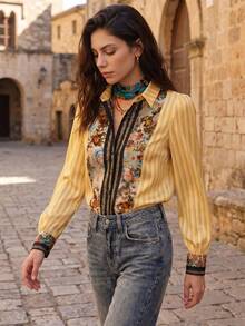 Women's Autumn Striped Print Long Sleeve Collared Elegant Casual Daily Office Commute Blouse Top - Cream Yellow - View 2
