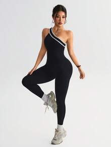 Women's Seamless Ribbed One-Shoulder Sports Jumpsuit, Contrast Binding Side Waist Cutout Design, Tummy Control Butt Lifting Shaping Yoga Fitness Leggings, Suitable For Sports, Training And Daily Wear - Black - View 4